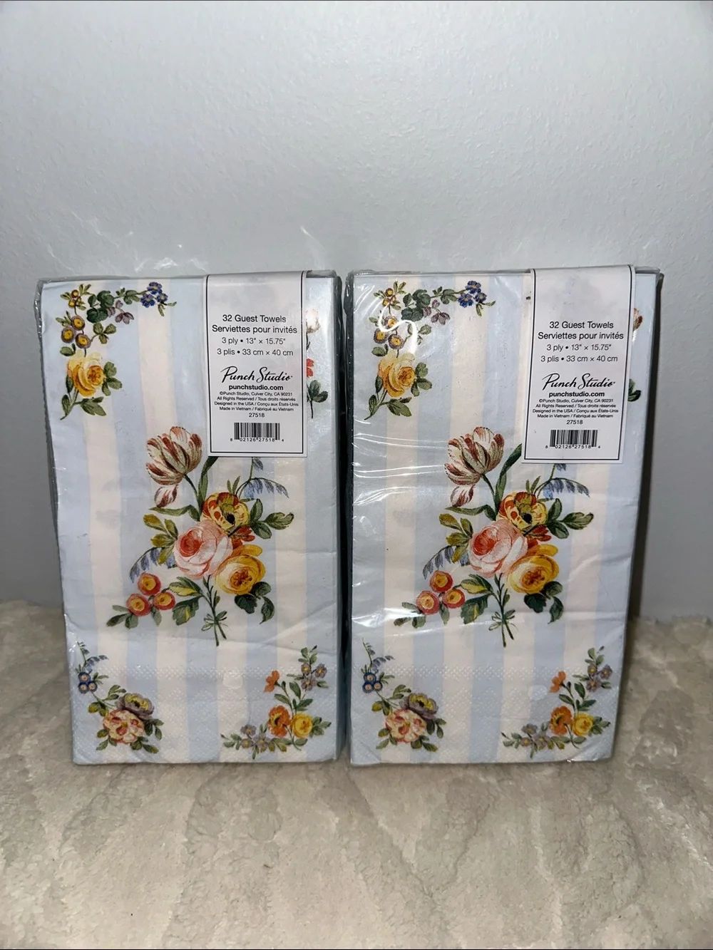 Punch Studio 32 x 2pk Guest Paper Towel Napkins White Blue Floral Stripe Print